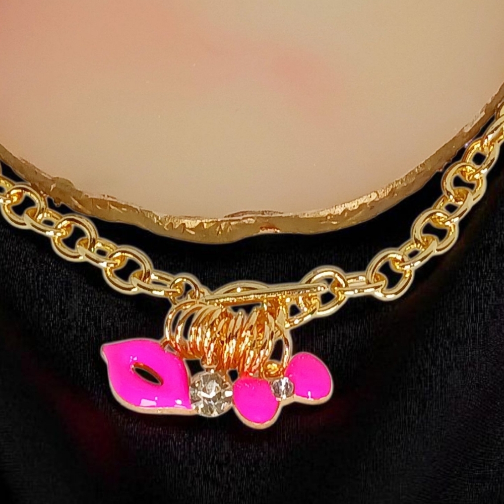 Gold Toggle Front Clasp Hot Pink Charms Feminine Glam Bling Girlhoodcore Playful
